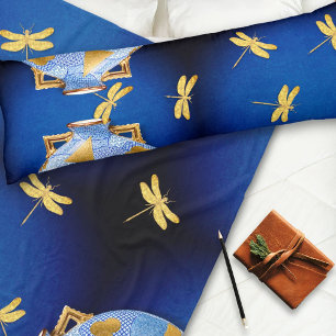 Japanese-Style Blue And Gold  Fleece Blanket