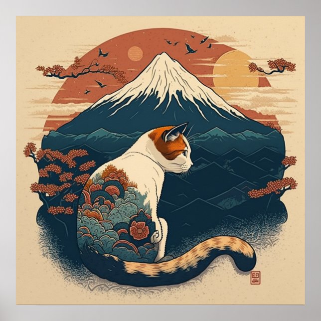 Japanese Style Cat Art Poster - Red and Blue (Front)