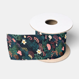 Japanese Style Colorful Flower Field Dark Floral Satin Ribbon
