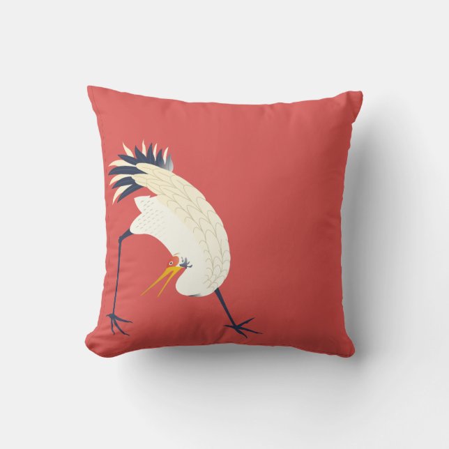 Japanese Style Crane on Red Background Cushion (Front)