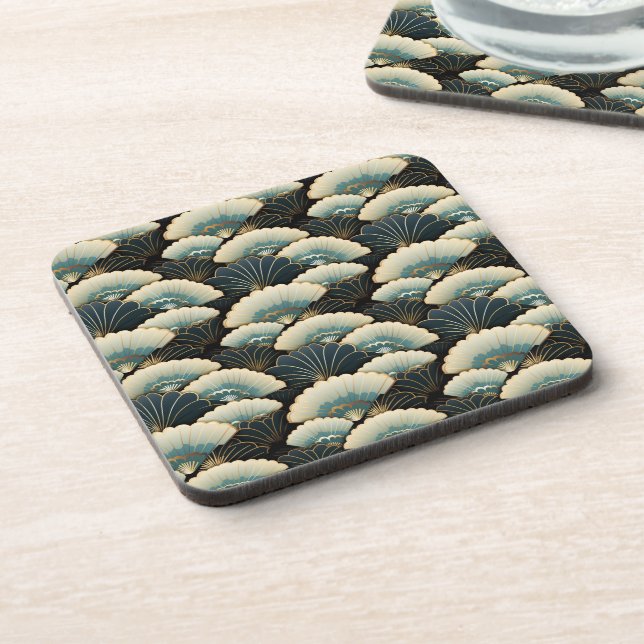 Japanese Style Cream Gold Teal Fan Print Coaster (Left Side)