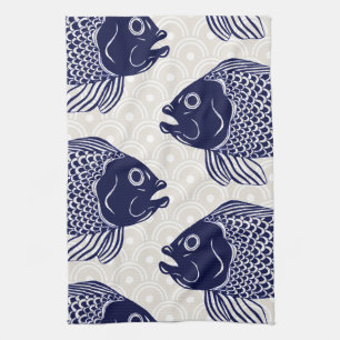Japanese Style Fish Heads & Waves Tea Towel