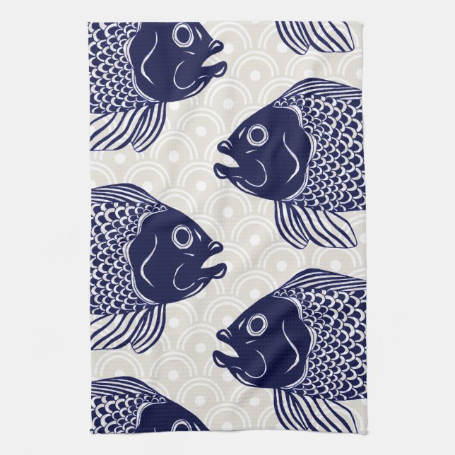 Japanese Style Fish Heads & Waves Tea Towel (Vertical)