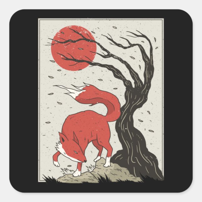 Japanese Style Fox Square Sticker (Front)