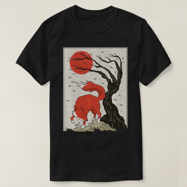 Japanese Style Painting Of The Fo, Tree And Sun Pu T-Shirt (Design Front)