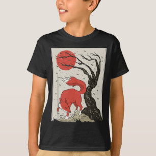 Japanese Style Painting Of The Fox, Tree And Sun T-Shirt