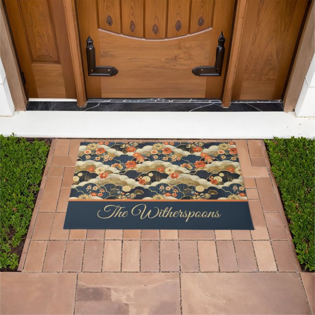 Japanese Style Retro Teal Floral and Clouds Print Doormat (Outdoor)