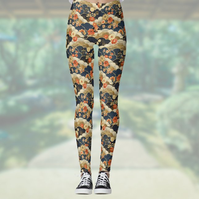 Japanese Style Retro Teal Floral and Clouds Print Leggings (Creator Uploaded)