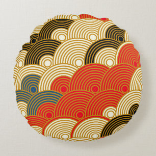 Japanese style scales waves seamless pattern in re round cushion