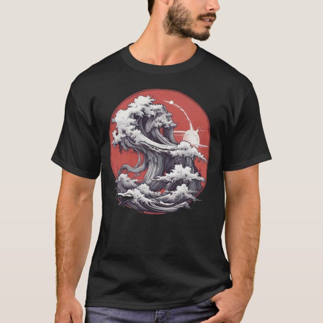 Japanese-Style Sea Waves Illustration T-Shirt (Front)