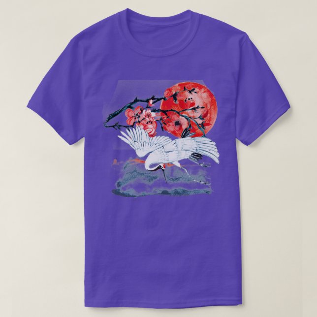 Japanese Sumi E Crane and Sakura T-Shirt (Design Front)