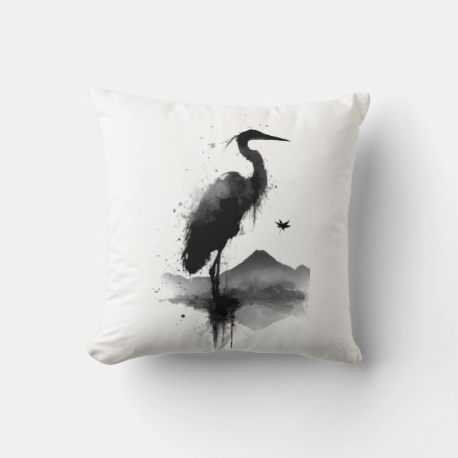 Japanese Sumi-e Crane Zen Throw Pillow (Front)