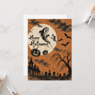Japanese Sumi-e Halloween Card Ghost & Full Moon