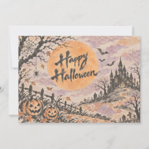 Japanese Sumi-e Halloween Haunted Castle Postcard