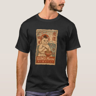 Japanese Sumo Meow Cat Slurping Ramen Retro Design T-Shirt