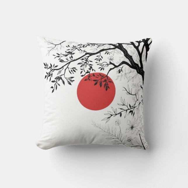 Japanese Sun & Nature Brush Art Cushion (Front)