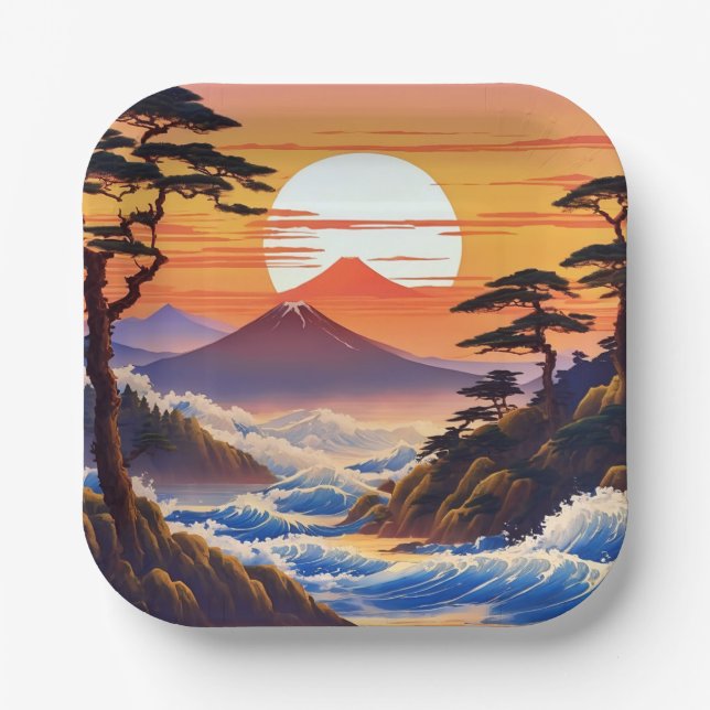 Japanese Sunrise Sunset Landscape Paper Plate (Front)