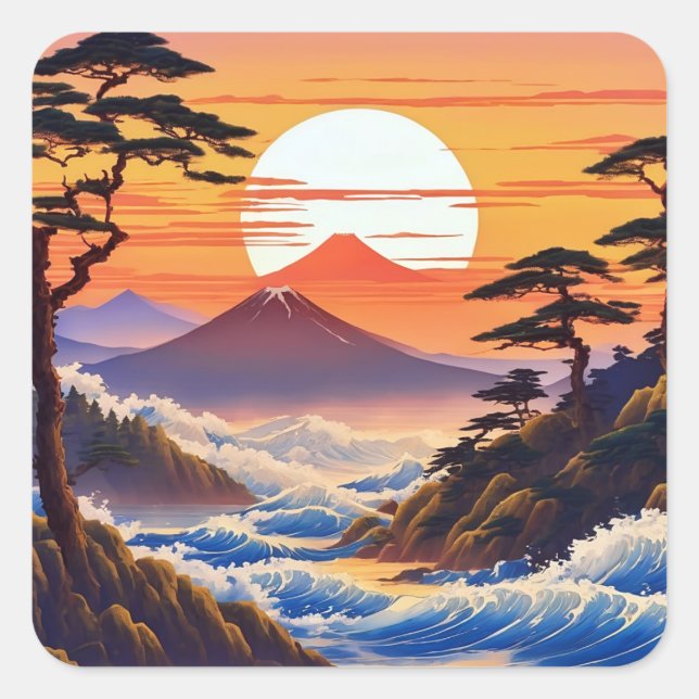 Japanese Sunrise Sunset Landscape Square Sticker (Front)