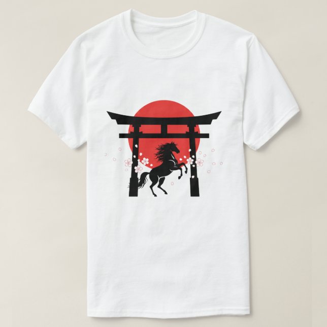 Japanese Sunrise Torii & Horse Silhouette Art T-Shirt (Design Front)