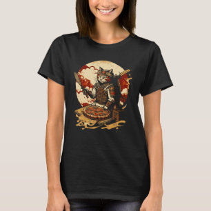 Japanese Sunset Samurai Cat Eat Pizza  Ninja Kitte T-Shirt