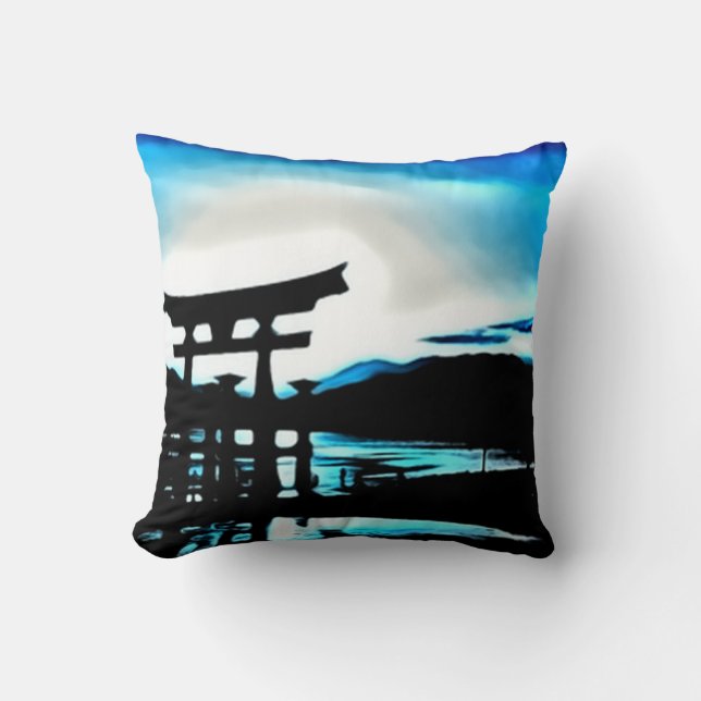 Japanese Sunset Temple Airbrush Art Cushion (Front)