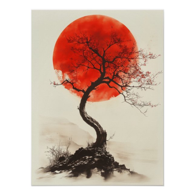 Japanese Sunset Tree - Red Sun Silhouette Art Poster (Front)