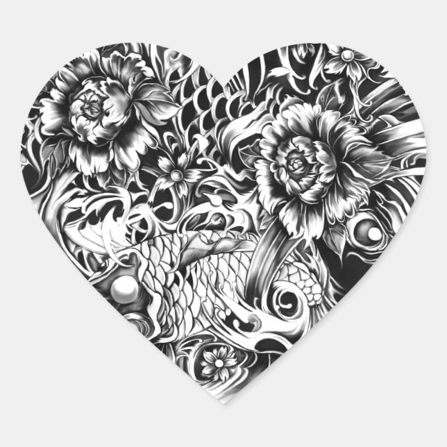 Japanese surf tattoo art from hand illustration. heart sticker (Front)