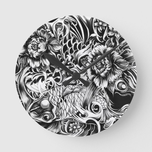 Japanese surf tattoo art from hand illustration. round clock (Front)