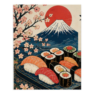 Japanese Sushi and Fuji Retro Food Art Poster
