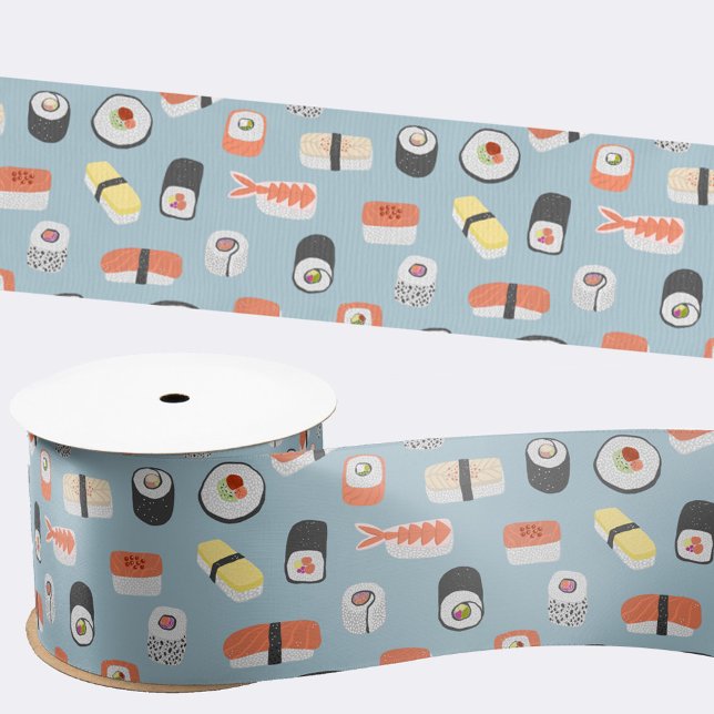 Japanese Sushi Blue Satin Ribbon (Japanese sushi fun food satin ribbon)