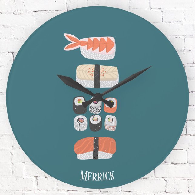 Japanese Sushi Custom Name Round Clock (Sushi lovers personalized name round wall clock)