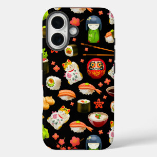 Japanese sushi fish dish pattern on black iPhone 16 case