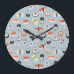 Japanese Sushi Nigiri Maki Roll Pattern Large Clock<br><div class="desc">Cute and delicious sushi food art pattern on a mid blue background.</div>