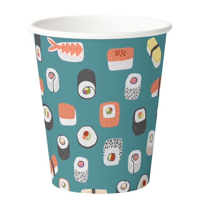 Japanese Sushi Pattern Teal Green Paper Cups (Fun Japanese sushi food art pattern teal green paper cups)