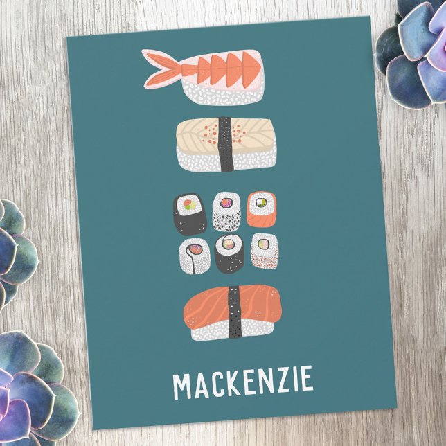 Japanese Sushi Personalized Card (Fun Japanese sushi personalized custom name or text notecards)