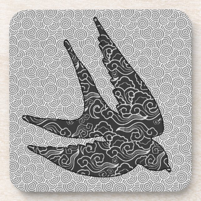 Japanese Swallow in Flight, Charcoal & Light Grey  Coaster (Front)