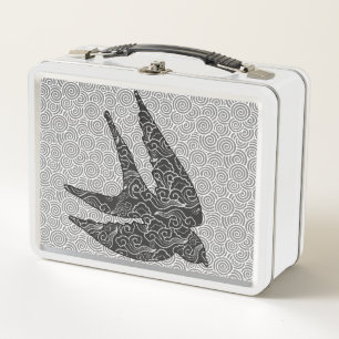 Japanese Swallow in Flight, Charcoal & Light Grey Metal Lunch Box