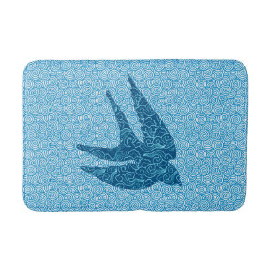 Japanese Swallow in Flight, Cobalt and Pale Blue Bath Mat