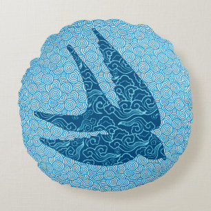 Japanese Swallow in Flight, Cobalt and Pale Blue Round Cushion