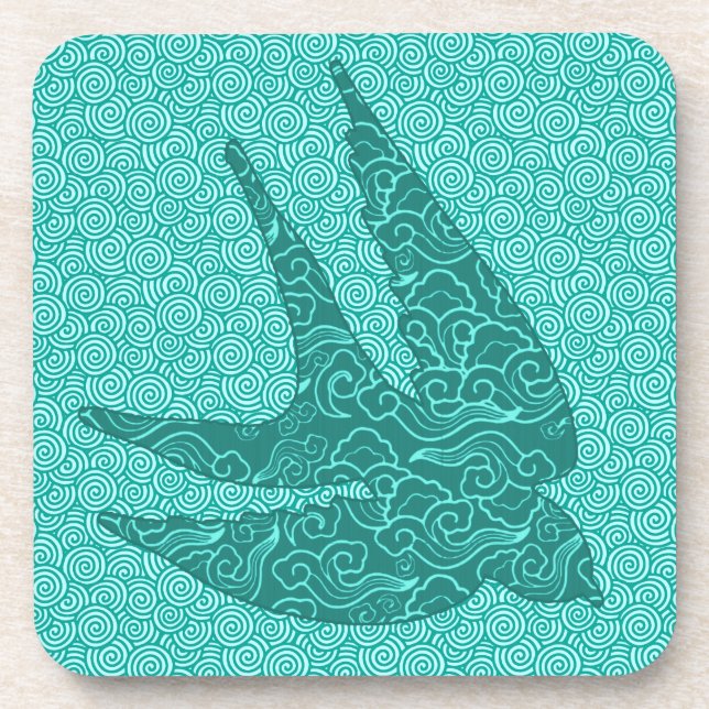 Japanese Swallow in Flight, Turquoise and Aqua    Coaster (Front)
