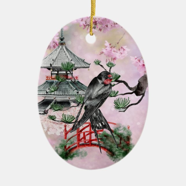 Japanese Swallow, Temple, Blossom Christmas Ceramic Tree Decoration (Front)