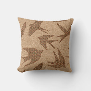 Japanese Swallows in Flight, Brown and Beige Cushion
