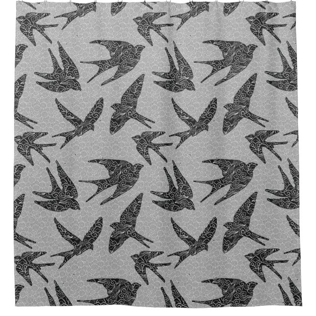 Japanese Swallows in Flight, Charcoal & Light Grey Shower Curtain (Front)