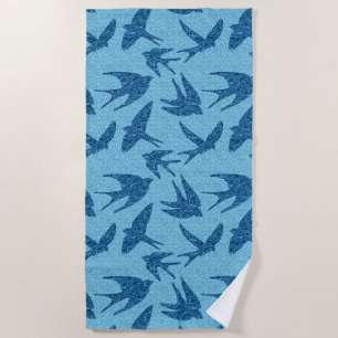 Japanese Swallows in Flight, Cobalt and Pale Blue Beach Towel