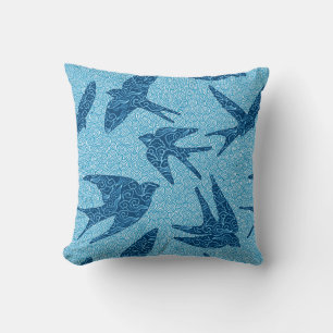 Japanese Swallows in Flight, Cobalt and Pale Blue Cushion
