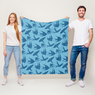 Japanese Swallows in Flight, Cobalt and Pale Blue Fleece Blanket