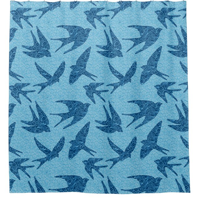 Japanese Swallows in Flight, Cobalt and Pale Blue Shower Curtain (Front)