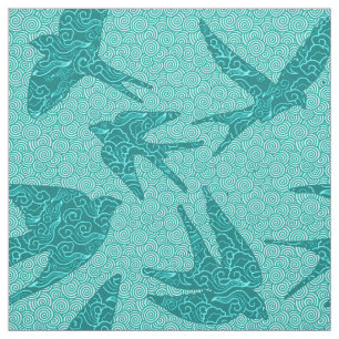 Japanese Swallows in Flight, Turquoise and Aqua Fabric