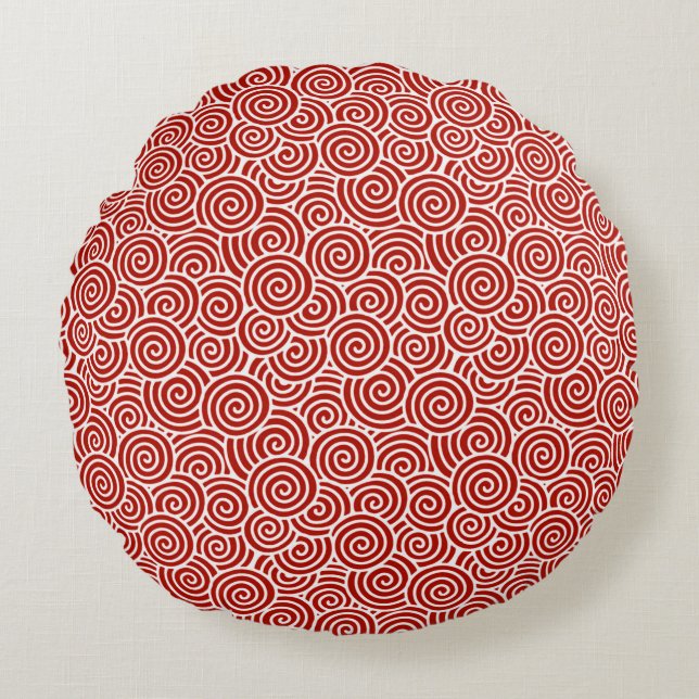 Japanese swirl pattern - deep red and white round cushion (Front)