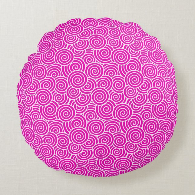 Japanese swirl pattern - fuchsia pink and white round cushion (Front)